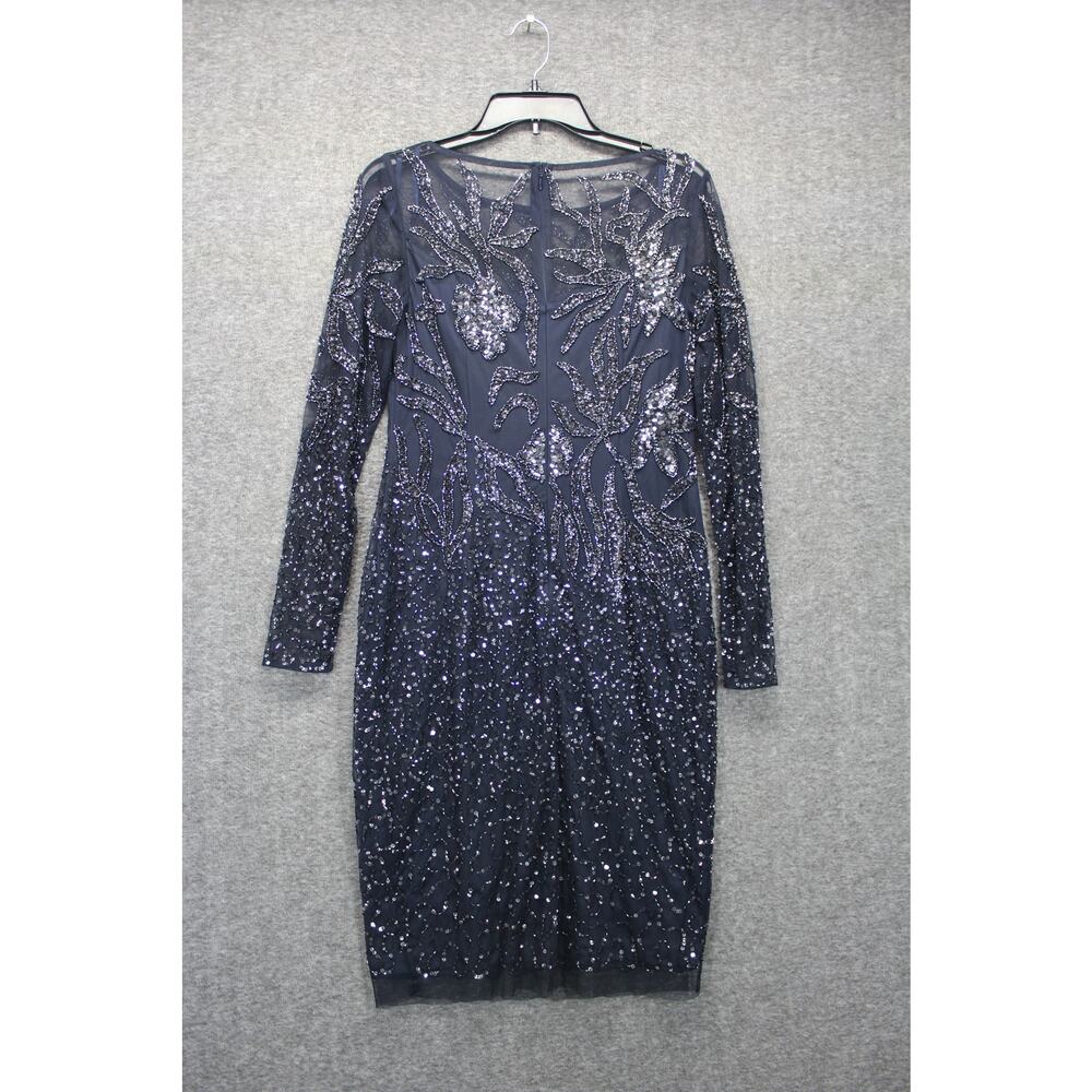 Adrianna Papell Long Sleeve Sequined Beaded Mesh Dress-Midnight Short Size 4